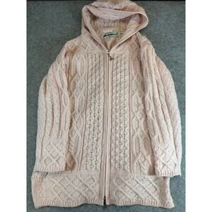 Aran Crafts Ireland Sweater Womens S Pink Merino Wool Cable Knit Hooded Cardigan